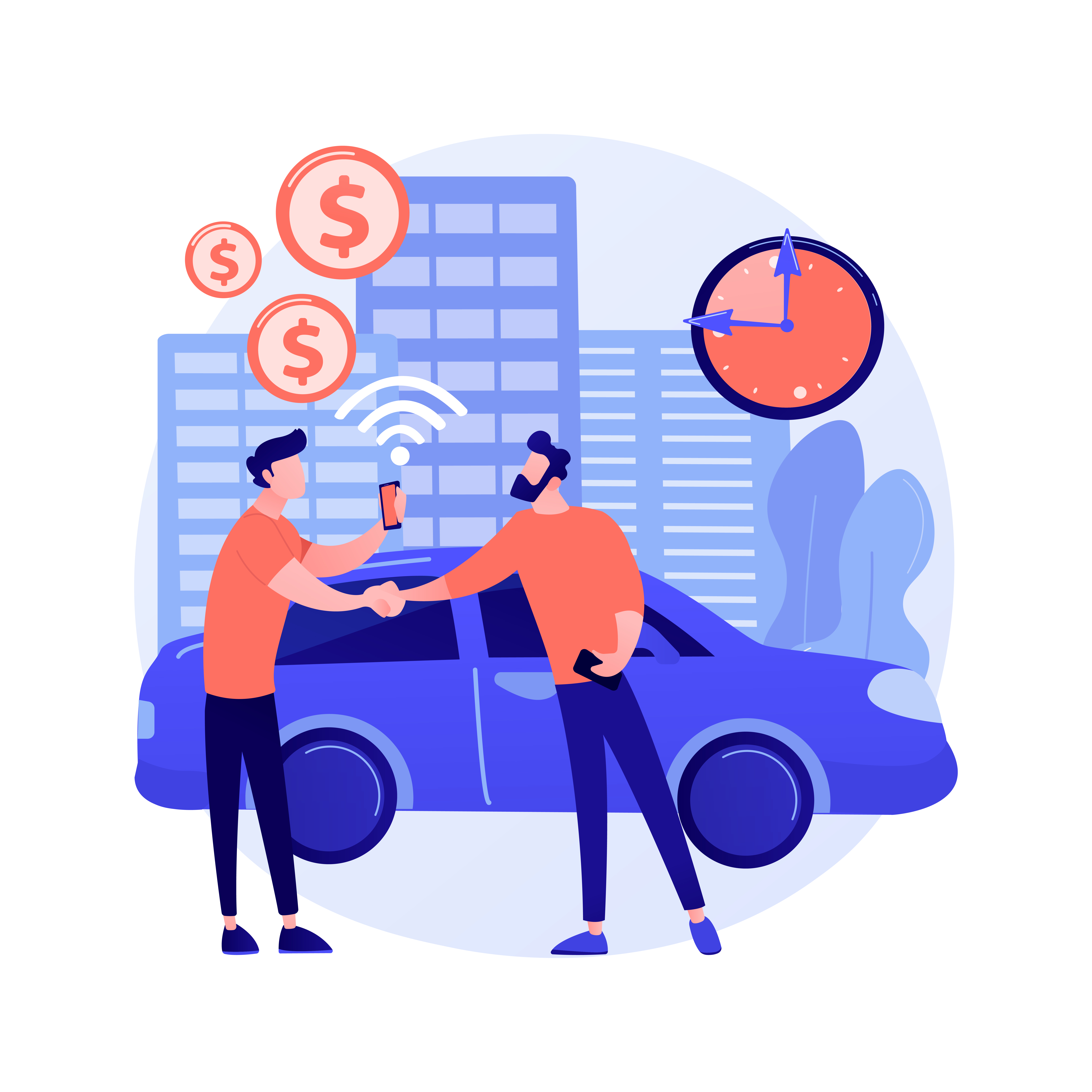 Carsharing service abstract concept vector illustration. Rental service, short term rent, carsharing application, ride application, hiring a car peer to peer, hourly payment abstract metaphor.